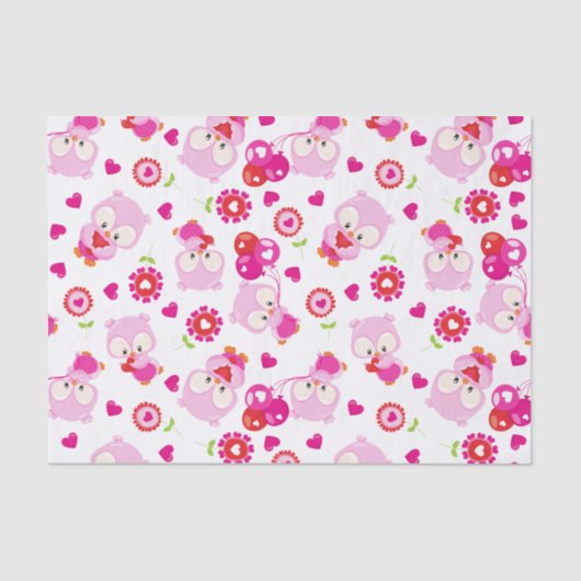 フクロウの柄、かわいいフクロウ、ピンクのフクロウ、ハート 薄葉紙 (正面)