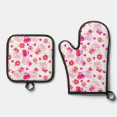 フクロウの柄、かわいいフクロウ、ピンクのフクロウ、ハート 鍋つかみ&鍋敷きセット (正面)