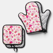 フクロウの柄、かわいいフクロウ、ピンクのフクロウ、ハート 鍋つかみ&鍋敷きセット (正面/裏面)