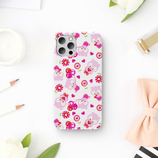 フクロウの柄、かわいいフクロウ、ピンクのフクロウ、ハート Case-Mate iPhoneケース