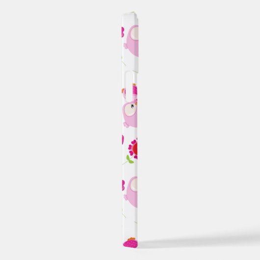 フクロウの柄、かわいいフクロウ、ピンクのフクロウ、ハート iPhoneケース (右側面)