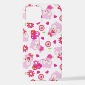 フクロウの柄、かわいいフクロウ、ピンクのフクロウ、ハート iPhoneケース (裏面)