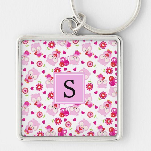 フクロウの柄，かわいいフクロウ，ピンクのフクロウ，モノグラム キーホルダー (正面)