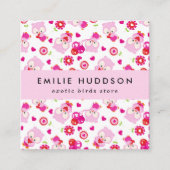 フクロウの柄、ピンクのフクロウ、ペットショップ、バードストア スクエア名刺 (正面)