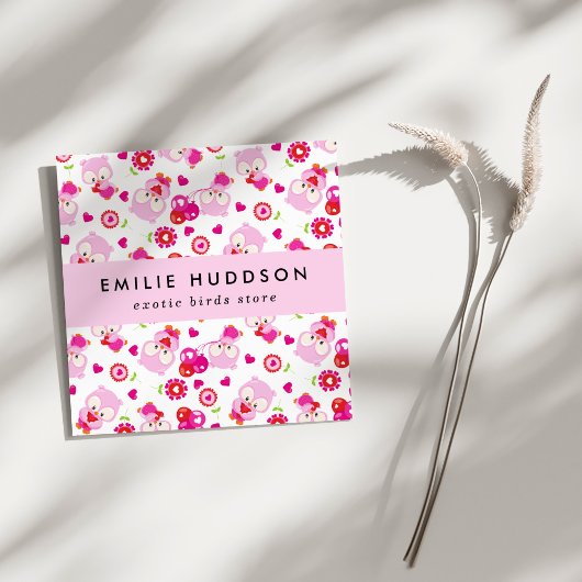 フクロウの柄、ピンクのフクロウ、ペットショップ、バードストア スクエア名刺