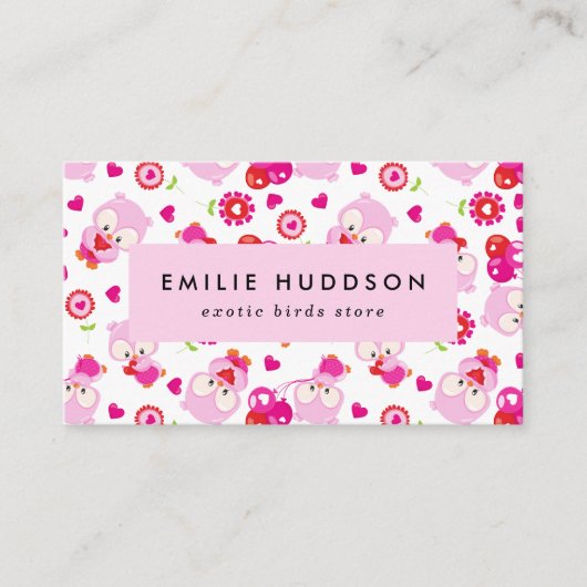 フクロウの柄、ピンクのフクロウ、ペットショップ、バードストア 名刺 (正面)