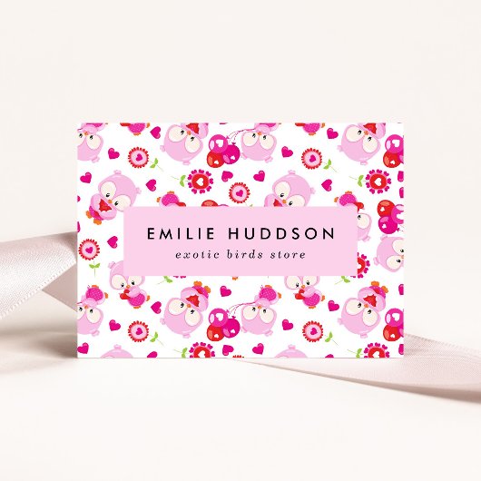 フクロウの柄、ピンクのフクロウ、ペットショップ、バードストア 名刺
