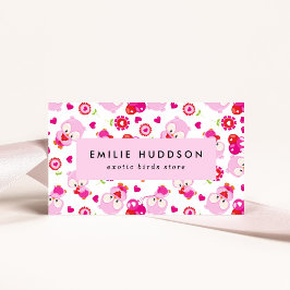 フクロウの柄、ピンクのフクロウ、ペットショップ、バードストア 名刺