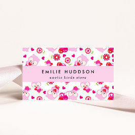 フクロウの柄、ピンクのフクロウ、ペットショップ、バードストア 名刺