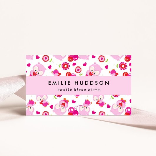 フクロウの柄、ピンクのフクロウ、ペットショップ、バードストア 名刺