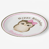 フクロウの森の水彩ピンク誕生日名 ペーパープレート (アングル)
