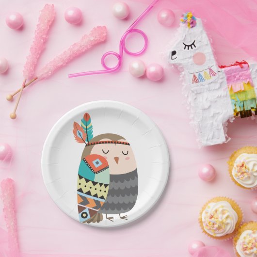 フクロウの森林森林誕生日のBohoの種族のベビー ペーパープレート (パーティー)