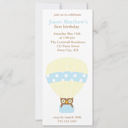 フクロウの気球の誕生日パーティー招待状 招待状 (正面)