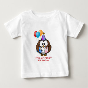 フクロウの気球ケーキおよび帽子カスタムな年の誕生日 ベビーTシャツ