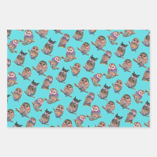 フクロウの水彩林の模様 ラッピングペーパーシート (正面3)