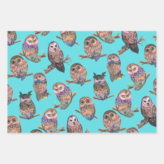 フクロウの水彩林の模様 ラッピングペーパーシート (正面2)