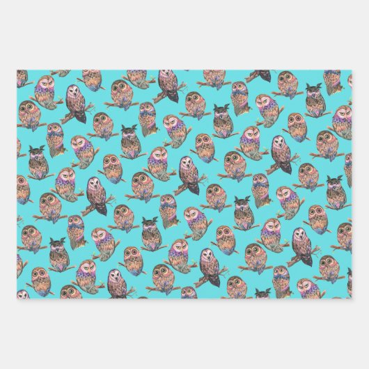 フクロウの水彩林の模様 ラッピングペーパーシート (正面)