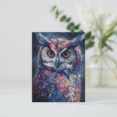 フクロウの水彩絵を描（ばちゃばちゃ）跳ねる ポストカード (スタンド正面)