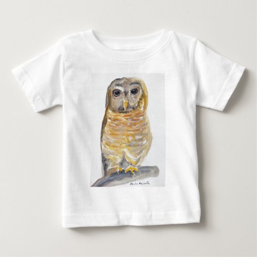 フクロウの水彩鳥林ヴィンテージ林 ベビーTシャツ (正面)