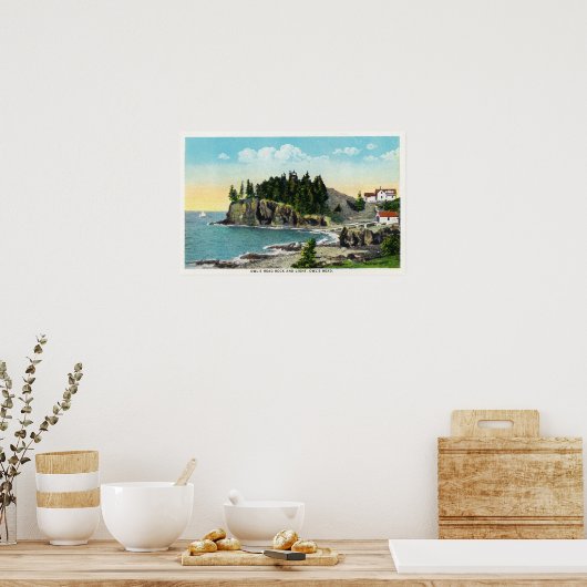 フクロウの灯台とフクロウの岩の景色 ポスター (キッチン)