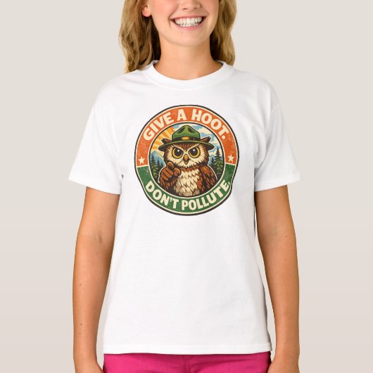 フクロウの環境保護Tシャツ フクロウを守ろう 地球を汚すな Tシャツ (正面)