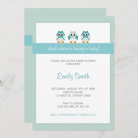 フクロウの男の子のベビーシャワーの招待状 招待状 (正面/裏面)