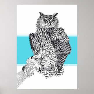 フクロウの白黒イラストレーション ポスター