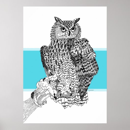 フクロウの白黒イラストレーション ポスター (正面)