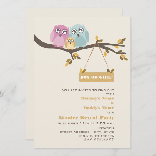 フクロウの秋の性はパーティの招待状を明らかにします 招待状 (正面/裏面)