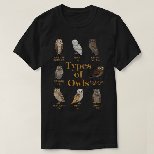 フクロウの種類または鳥類学者ギフト動物ワイズバード Tシャツ (デザイン正面)