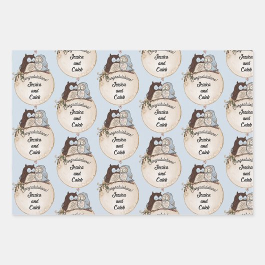 フクロウの結婚おめでとう 名前を追加 かわいい3 ラッピングペーパーシート (正面3)