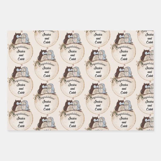 フクロウの結婚おめでとう 名前を追加 かわいい3 ラッピングペーパーシート (正面2)