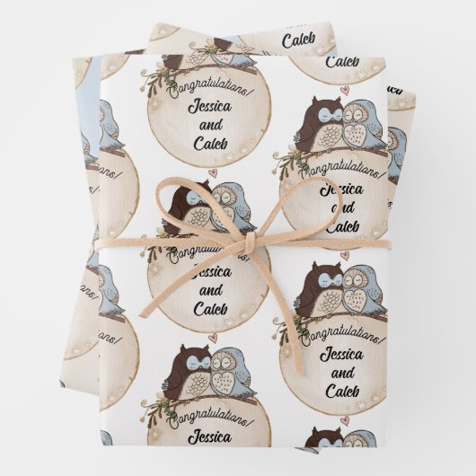 フクロウの結婚おめでとう 名前を追加 かわいい3 ラッピングペーパーシート (インサイチュ)