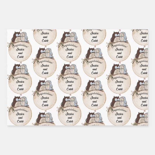 フクロウの結婚おめでとう 名前を追加 かわいい3 ラッピングペーパーシート (正面)
