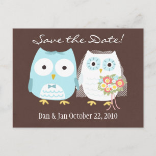 フクロウの結婚式 Save the Date かわいい花嫁と新郎 案内ポストカード
