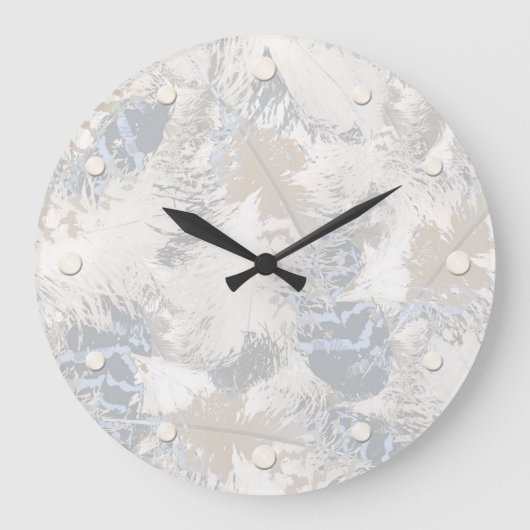 フクロウの羽，灰色，ベージュと青，鳥，光， ラージ壁時計 (正面)