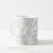 フクロウの羽，灰色，ベージュ，青，鳥，光， コーヒーマグカップ (正面左)