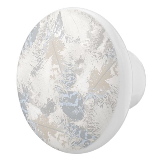 フクロウの羽，灰色，ベージュ，青，鳥，光， セラミックノブ (右)