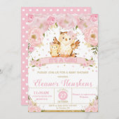フクロウの花のベビーシャワーの招待状の女の子 招待状 (正面/裏面)