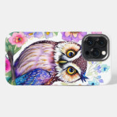 フクロウの花の芸術的水彩画 iPhoneケース (裏面横)
