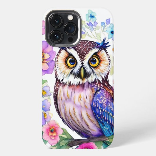 フクロウの花の芸術的水彩画 iPhoneケース (裏面)