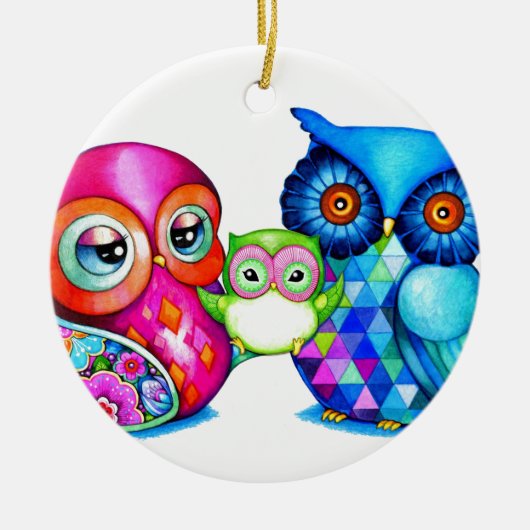 フクロウの親およびベビー セラミックオーナメント (正面)