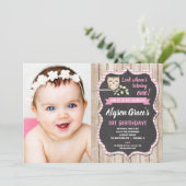 フクロウの誕生日の写真の招待状、女の子の森林 招待状 (スタンド正面)