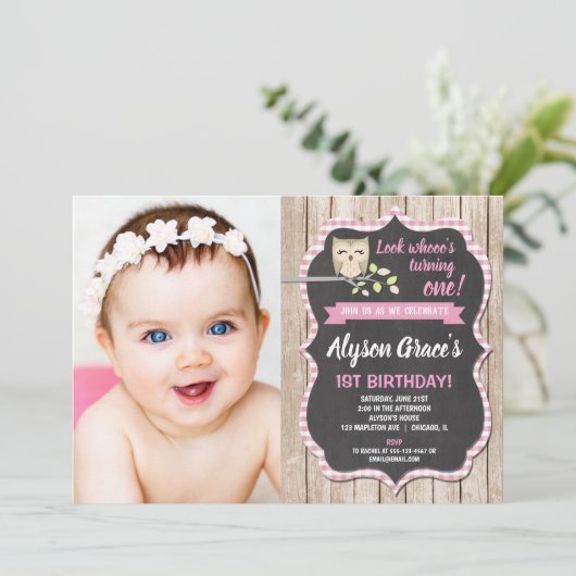 フクロウの誕生日の写真の招待状、女の子の森林 招待状 (スタンド正面)