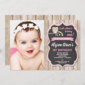 フクロウの誕生日の写真の招待状、女の子の森林 招待状 (正面/裏面)