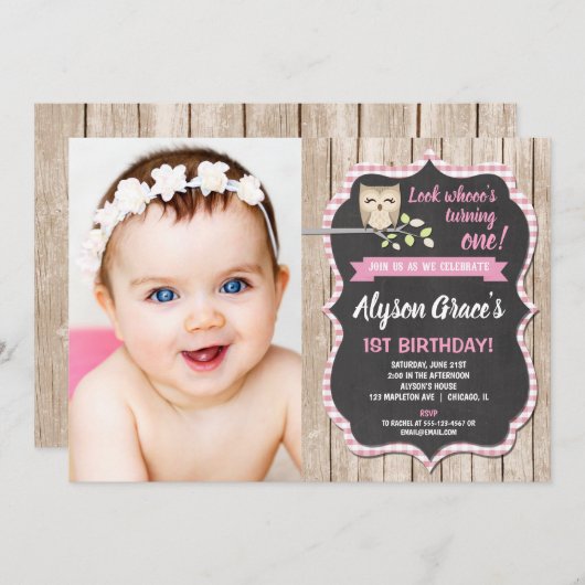 フクロウの誕生日の写真の招待状、女の子の森林 招待状 (正面/裏面)