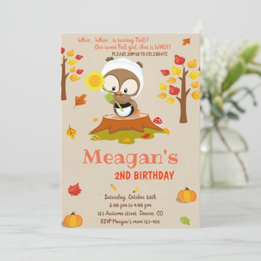 フクロウの誕生日の招待フクロウの招待秋の女の子 招待状 (スタンド正面)