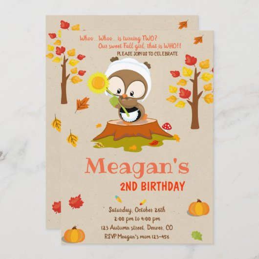 フクロウの誕生日の招待フクロウの招待秋の女の子 招待状 (正面/裏面)