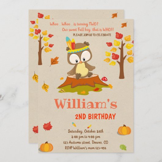 フクロウの誕生日の招待フクロウの招待秋少年 招待状 (正面/裏面)