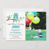 フクロウの誕生日の招待状、男の子の第1誕生日 招待状 (正面)